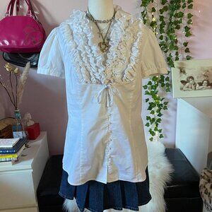 INC International Concepts White Ruffled V-Neck Button Front Blouse